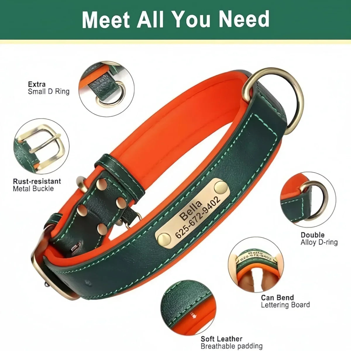Custom Engraved Leather Dog Collar – Personalized Nameplate Collar for All Breeds