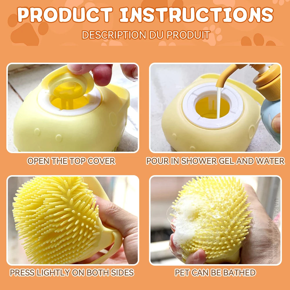 Dog Bathing Brush with Shampoo Dispenser – Soft Silicone Massage Grooming Brush for Dogs & Cats