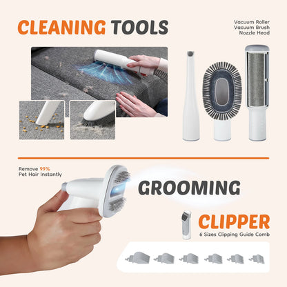 2.5L Professional Pet Grooming Vacuum Kit – 3 Suction Modes, 5 Grooming Tools & Cordless Low-Noise Clippers for Dogs & Cats