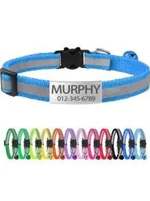 13 Colors Custom Engraved Reflective Cat Collar with Safety Buckle & Bell, Adjustable Personalized Pet Collar for Small Cats
