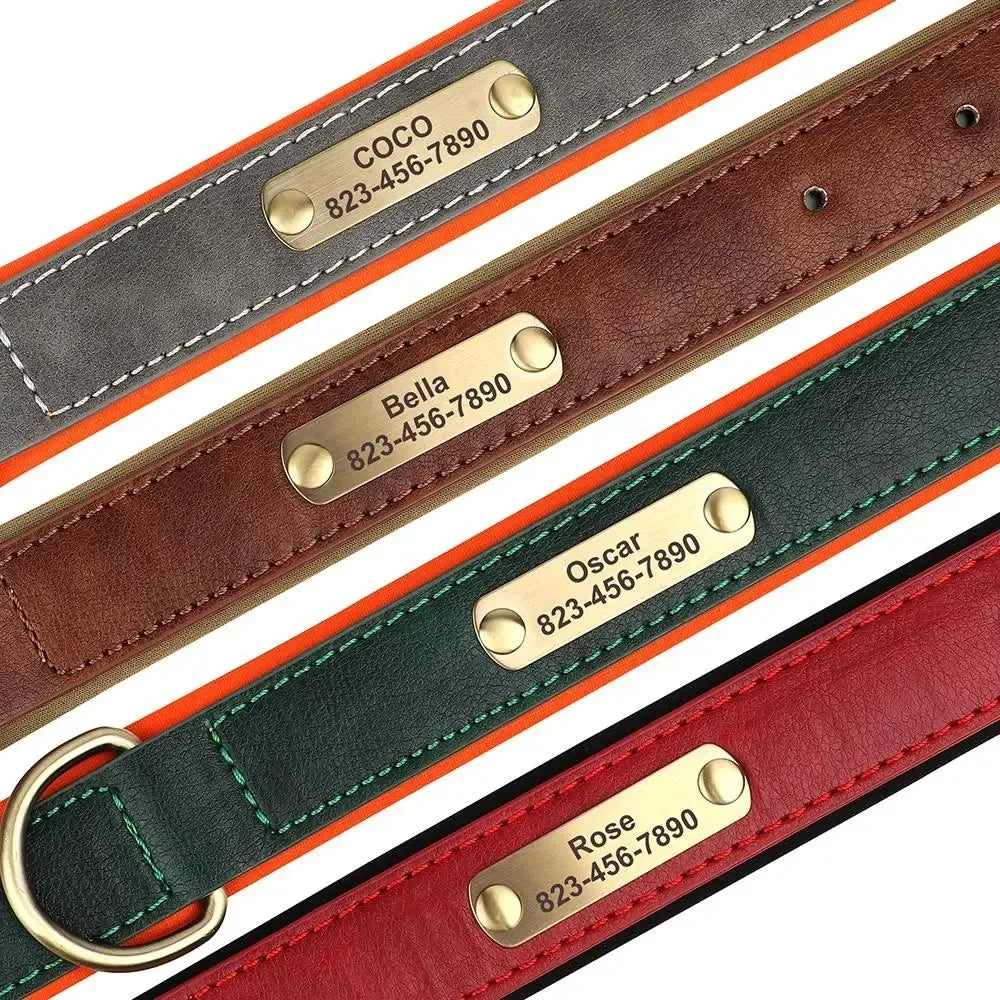 Custom Engraved Leather Dog Collar – Personalized Nameplate Collar for All Breeds