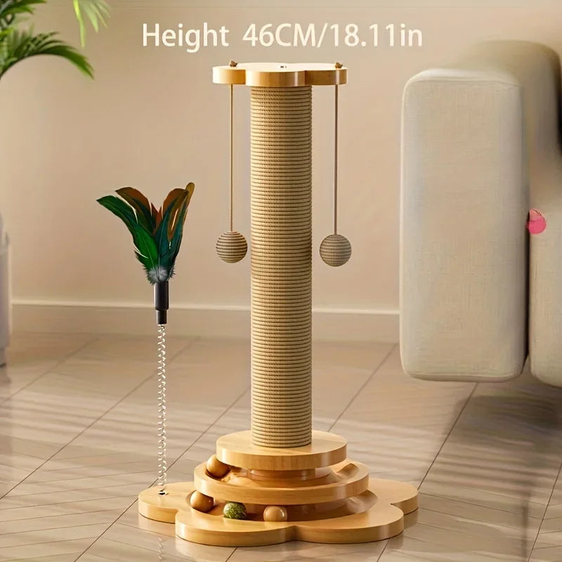Solid Wood Cat Scratching Post with Turntable & Teaser Stick – Durable Interactive Cat Toy for Cats