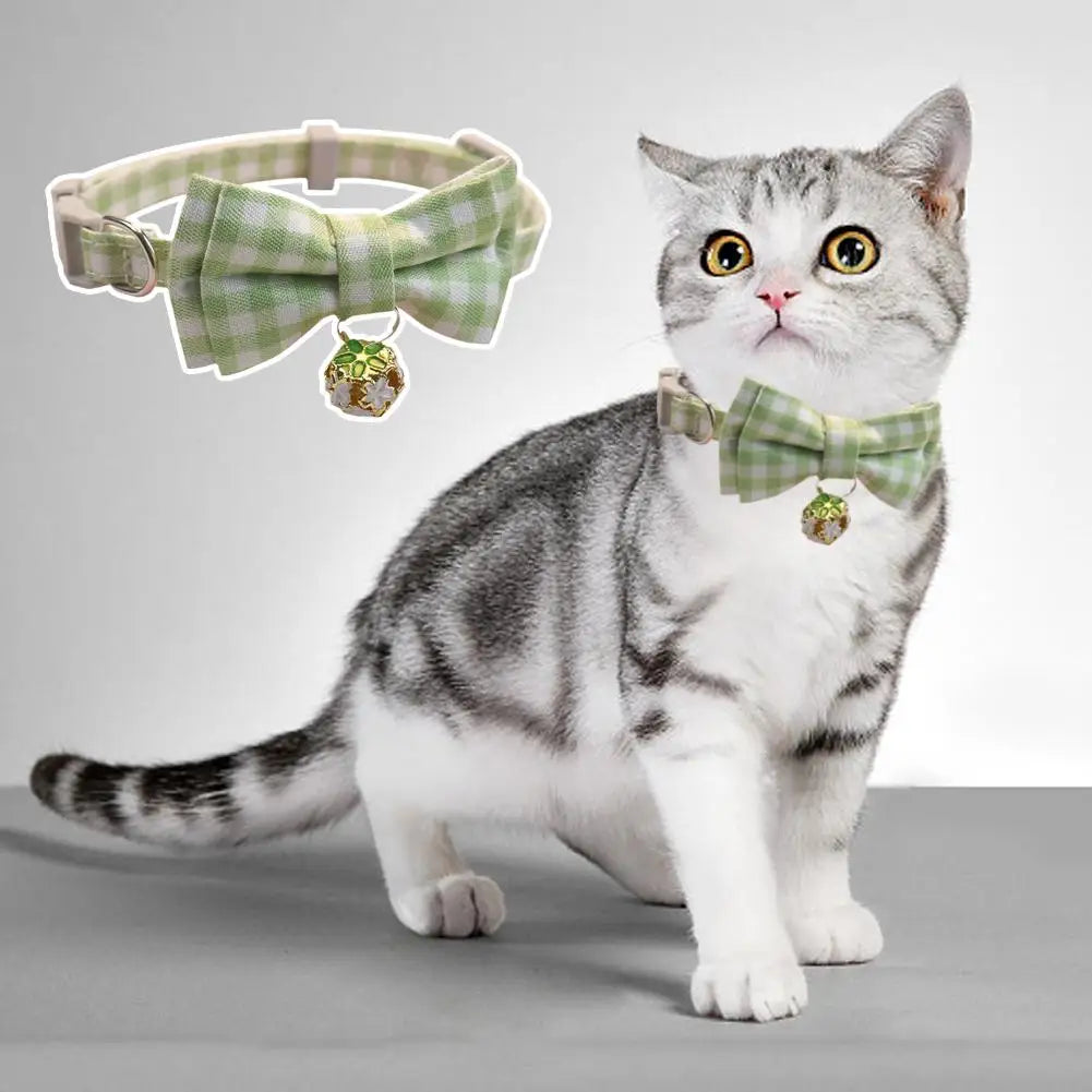 Plaid Bow Cat Collar with Bell – Adjustable Safety Collar for Kittens, Cats & Puppies