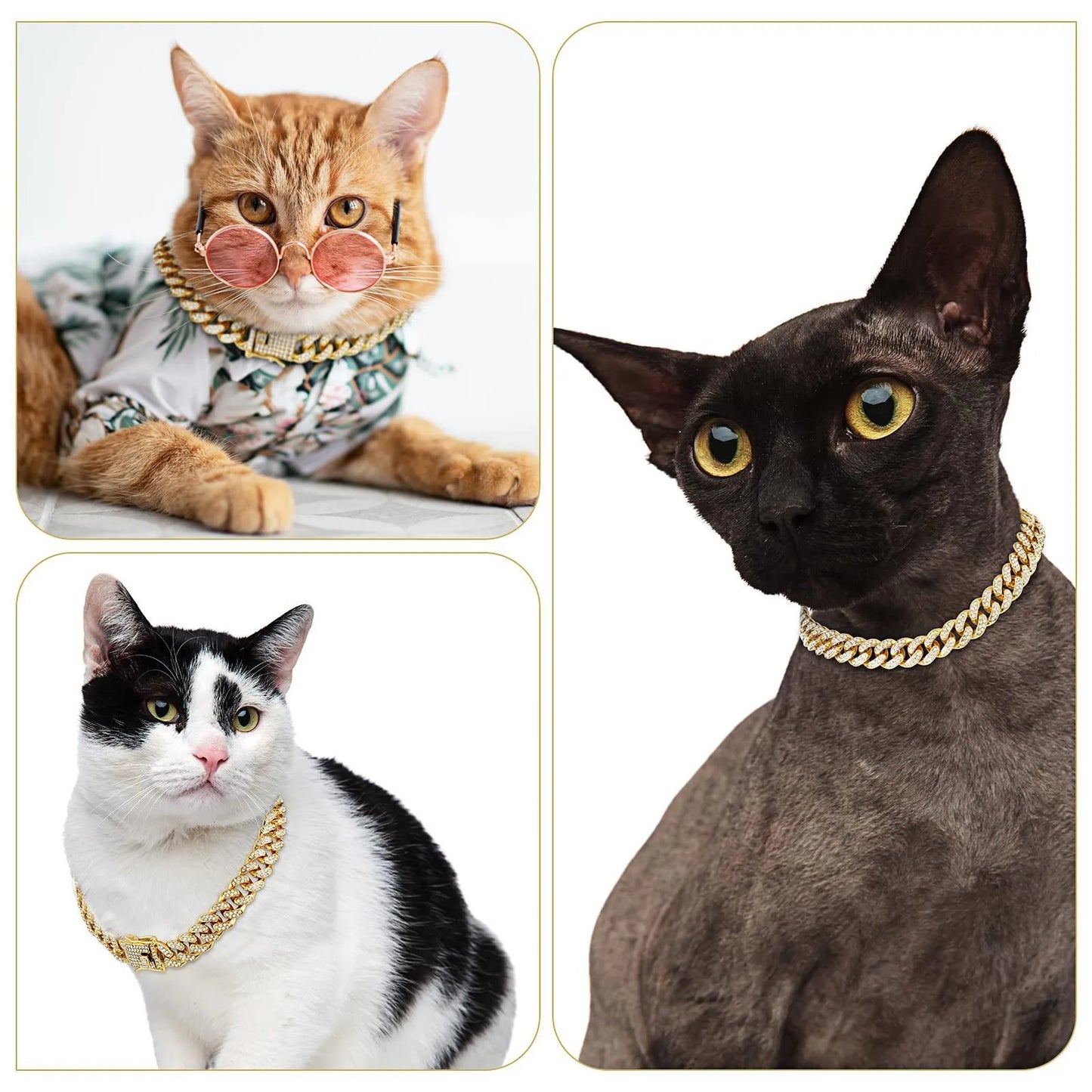 Luxury Gold And Silver Cuban Link Cat Collar Necklace – Crystal Rhinestone Pet Jewelry for Cats & Kittens