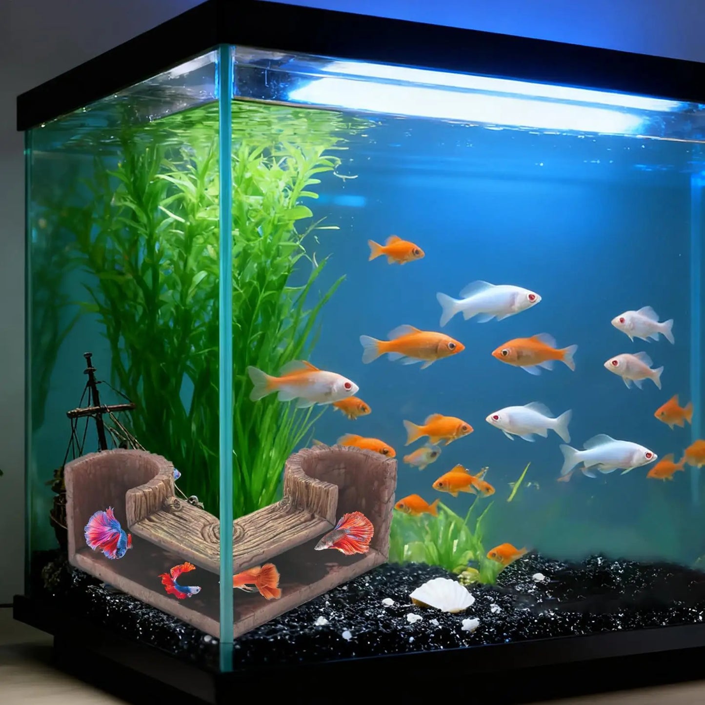 Wood Grain Aquarium Tunnel Cave – Two-Hole Fish Tank Corner Hideout & Shelter Decoration for Fish, Shrimp & Aquatic Pets