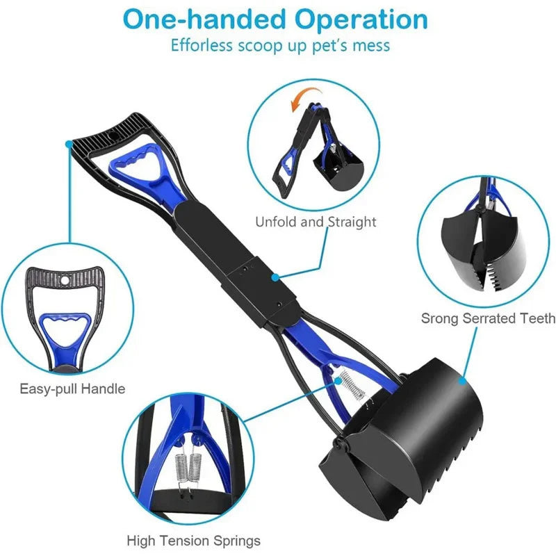 Dog Pooper Scooper – Long Handle Foldable Pet Waste Pickup Tool with Jaw Scoop for Outdoor Cleanup