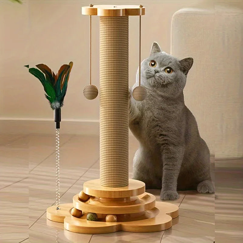 Solid Wood Cat Scratching Post with Turntable & Teaser Stick – Durable Interactive Cat Toy for Cats