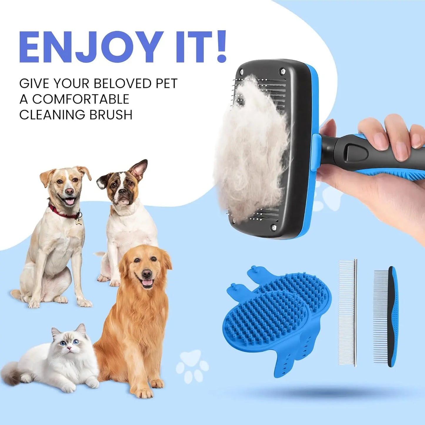 5-in-1 Self-Cleaning Pet Grooming Kit – Deshedding Brush for Dogs & Cats, Gentle on Skin, Easy Fur Removal (Blue)