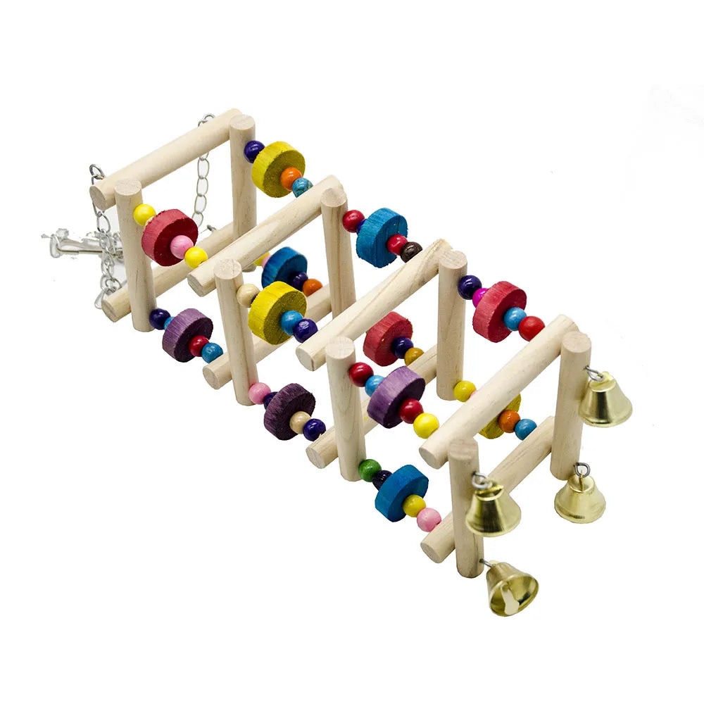 Wooden Parrot Hanging Rainbow Hammock Ladder – Climbing Training Toy with Bells for Large & Small Birds