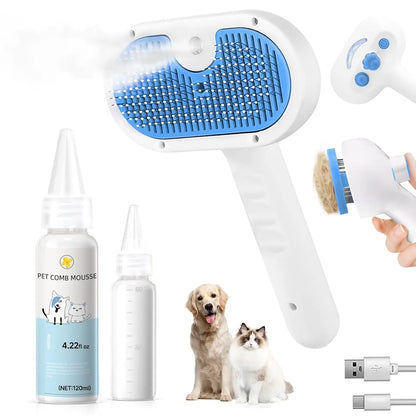 3-in-1 Pet Steam Brush for Shedding & Hair Removal - Self-Cleaning Comb with Mist, Blue