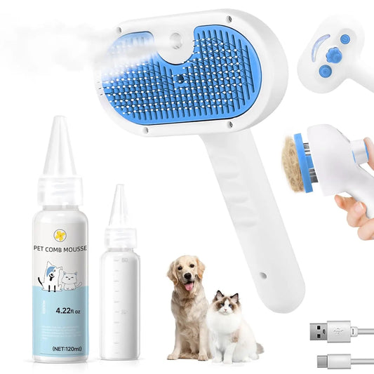 3-in-1 Pet Steam Brush for Shedding & Hair Removal - Self-Cleaning Comb with Mist, Blue