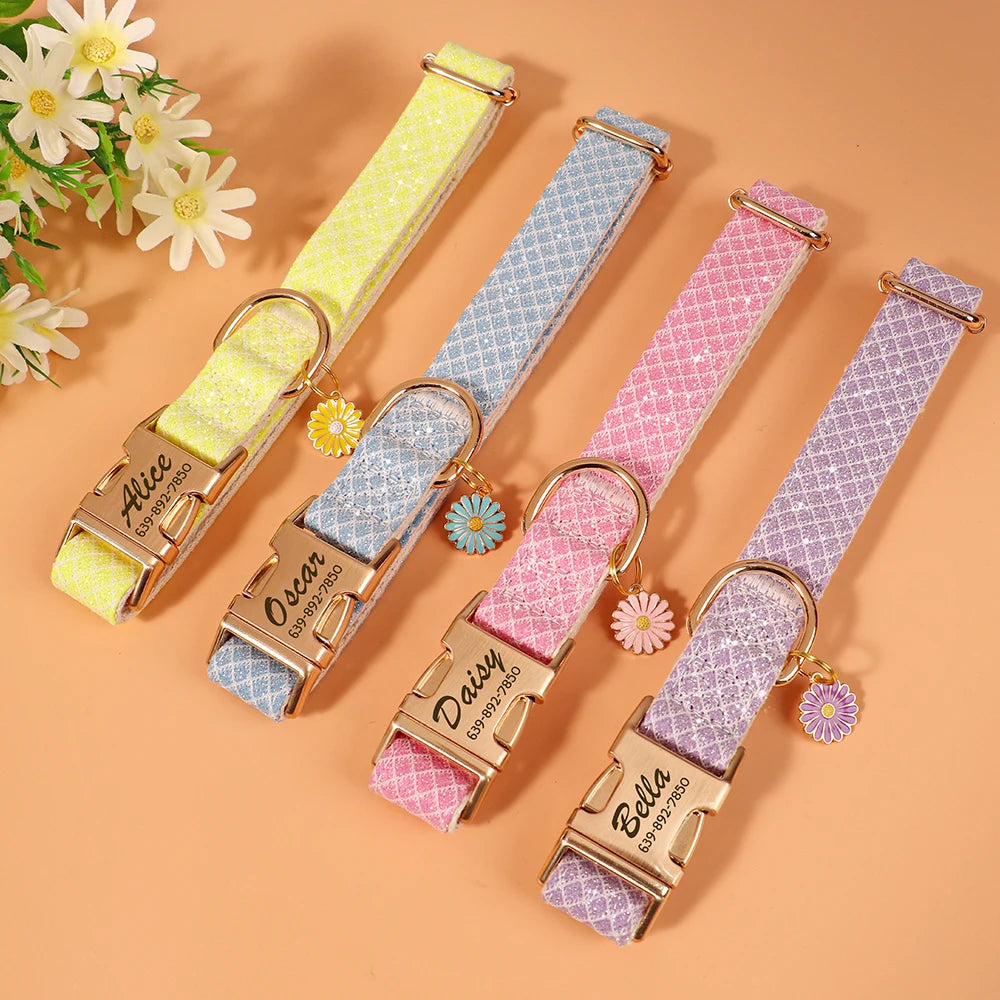 Personalized Nylon Pet Collar – Engraved ID Tag and Flower Accessory for Dogs & Cats