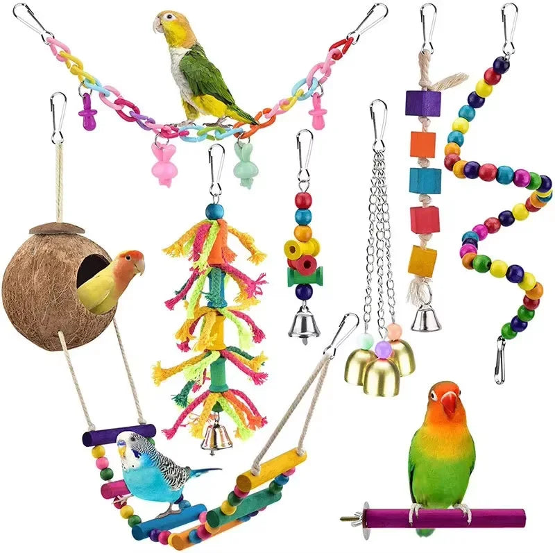 Parrot Toy Set – Interactive Bird Cage Toy Combination with Chewing, Climbing & Play Accessories for Parrots & Pet Birds