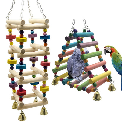 Wooden Parrot Hanging Rainbow Hammock Ladder – Climbing Training Toy with Bells for Large & Small Birds