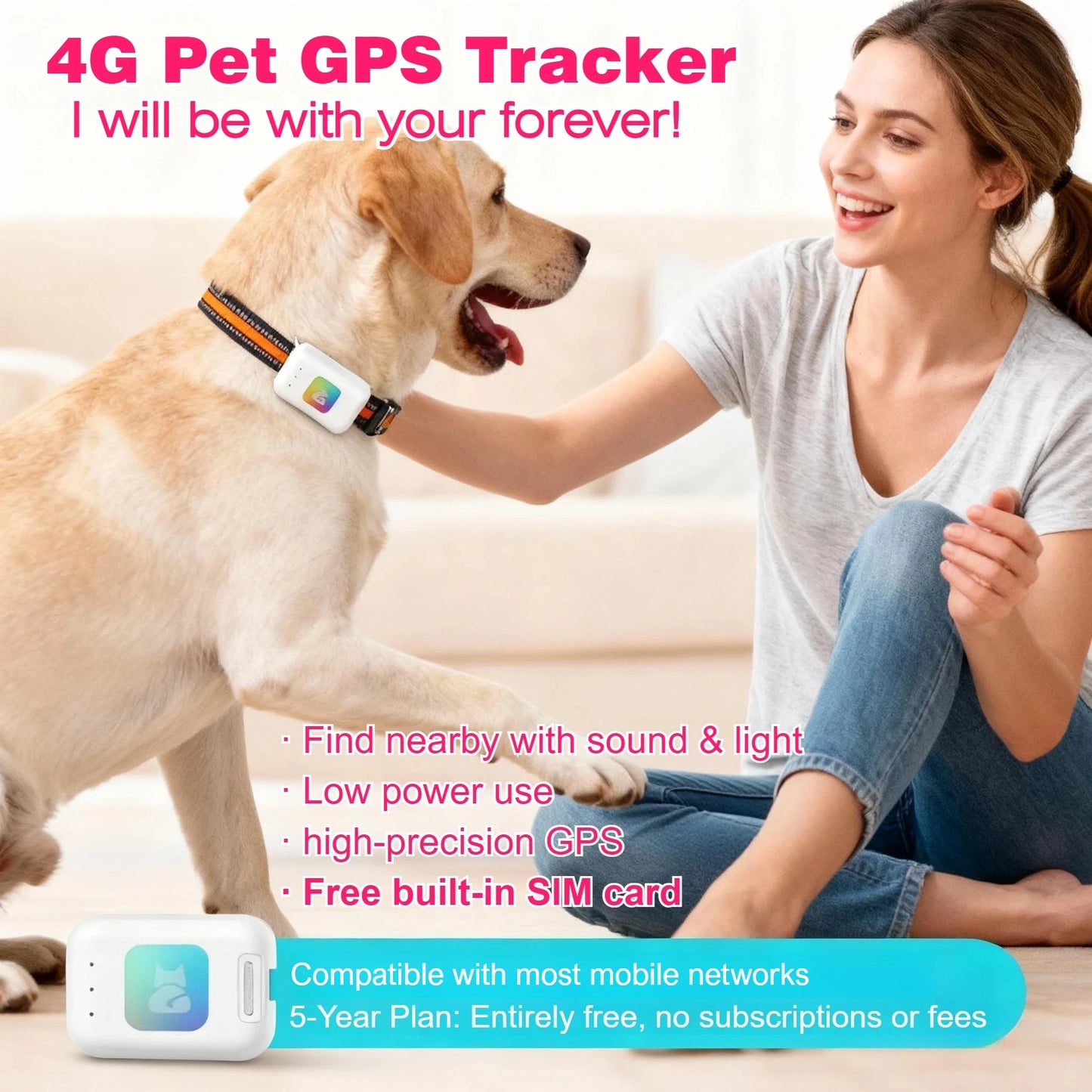 4G Dog GPS Tracker Smart Collar for Pets Dogs Cats No monthly fee No subscription No Hidden Fees Anti-Lost Alarm & Geo-Fence
