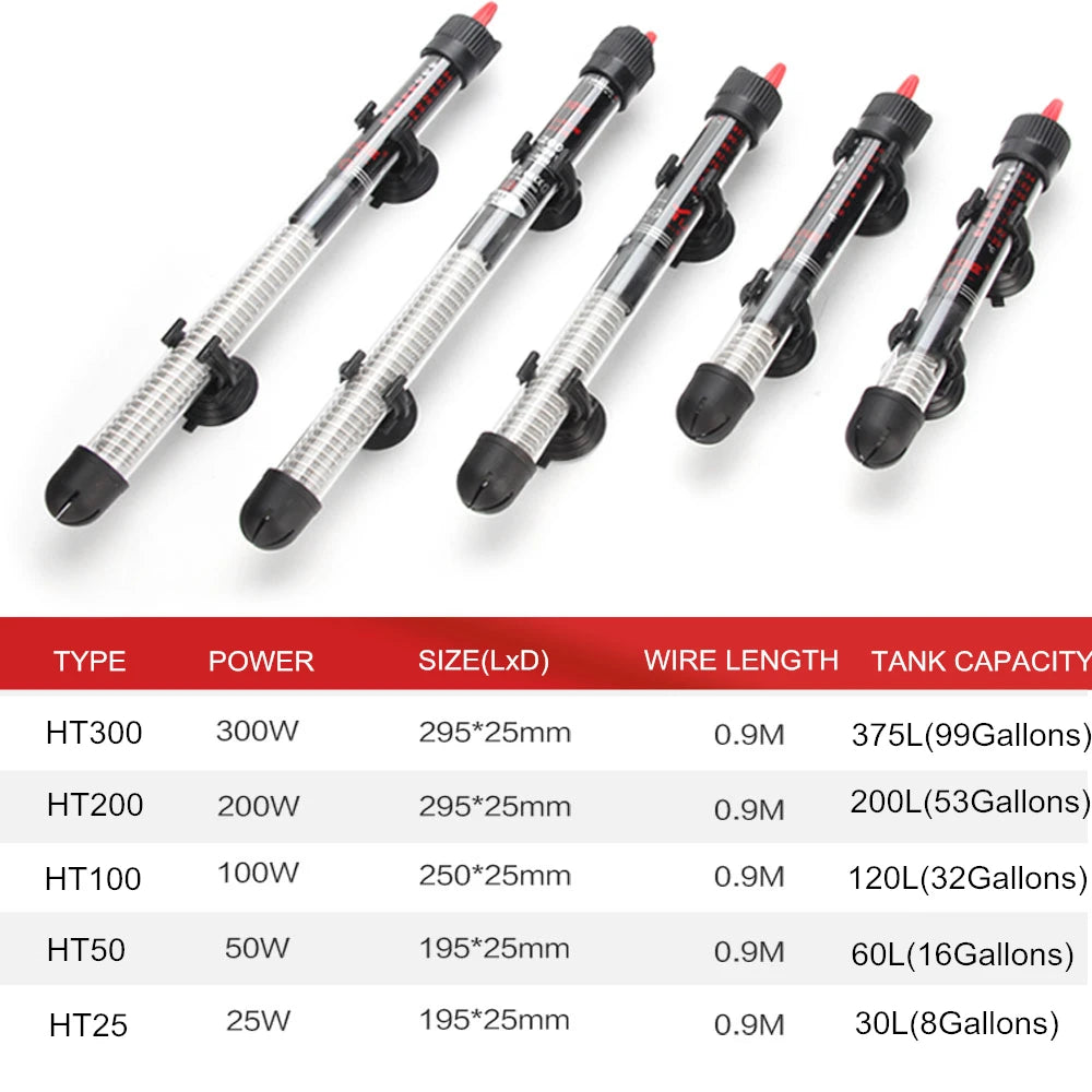 Adjustable Aquarium Heater – 25W/50W/100W/200W/300W Submersible Fish Tank Thermostat Heating Rod for Freshwater & Marine Aquariums