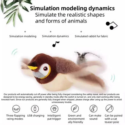 Interactive Chirping Flapping Bird Cat Toy – Rechargeable Touch-Activated Plush Pet Toy for Cats & Dogs