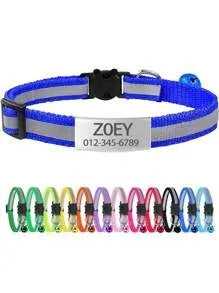 13 Colors Custom Engraved Reflective Cat Collar with Safety Buckle & Bell, Adjustable Personalized Pet Collar for Small Cats