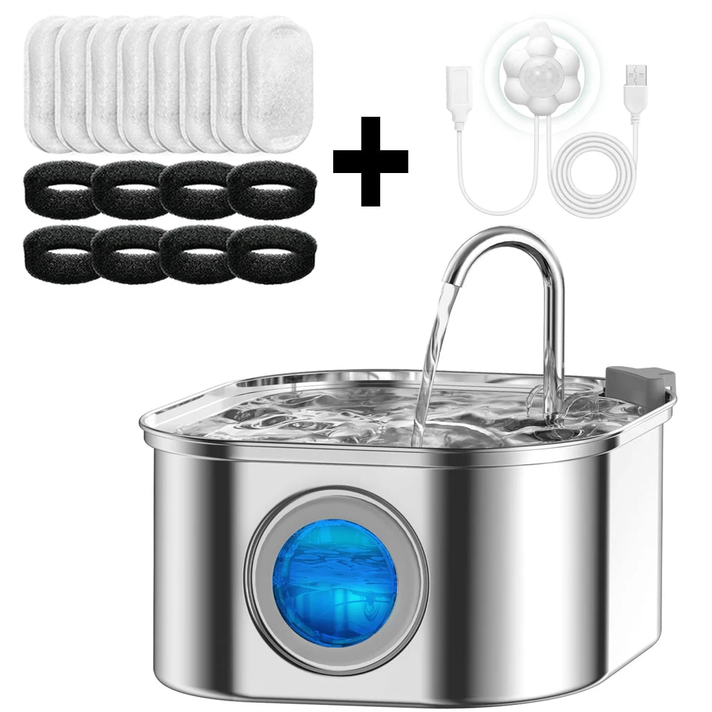 Automatic Cat Water Fountain 3.2L/108oz – Stainless Steel Pet Water Dispenser with Sensor, Ultra-Quiet Pump & Filter System