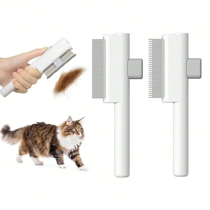 2Pcs Pet Comb Flea Comb Set For Cats Dogs, Cat Grooming Brush With Release Button And Stainless Steel Round Teeth, Self-Cleaning Dog Combs For Removing Pet Hair, Knots & Loose Fur (White)