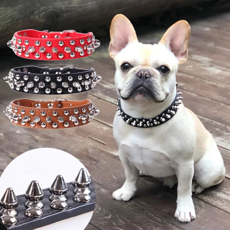 Adjustable Leather Dog Collar with Spikes & Rivet Studs – Punk Style Collar for Small Dogs and Cats