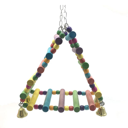 Wooden Parrot Hanging Rainbow Hammock Ladder – Climbing Training Toy with Bells for Large & Small Birds