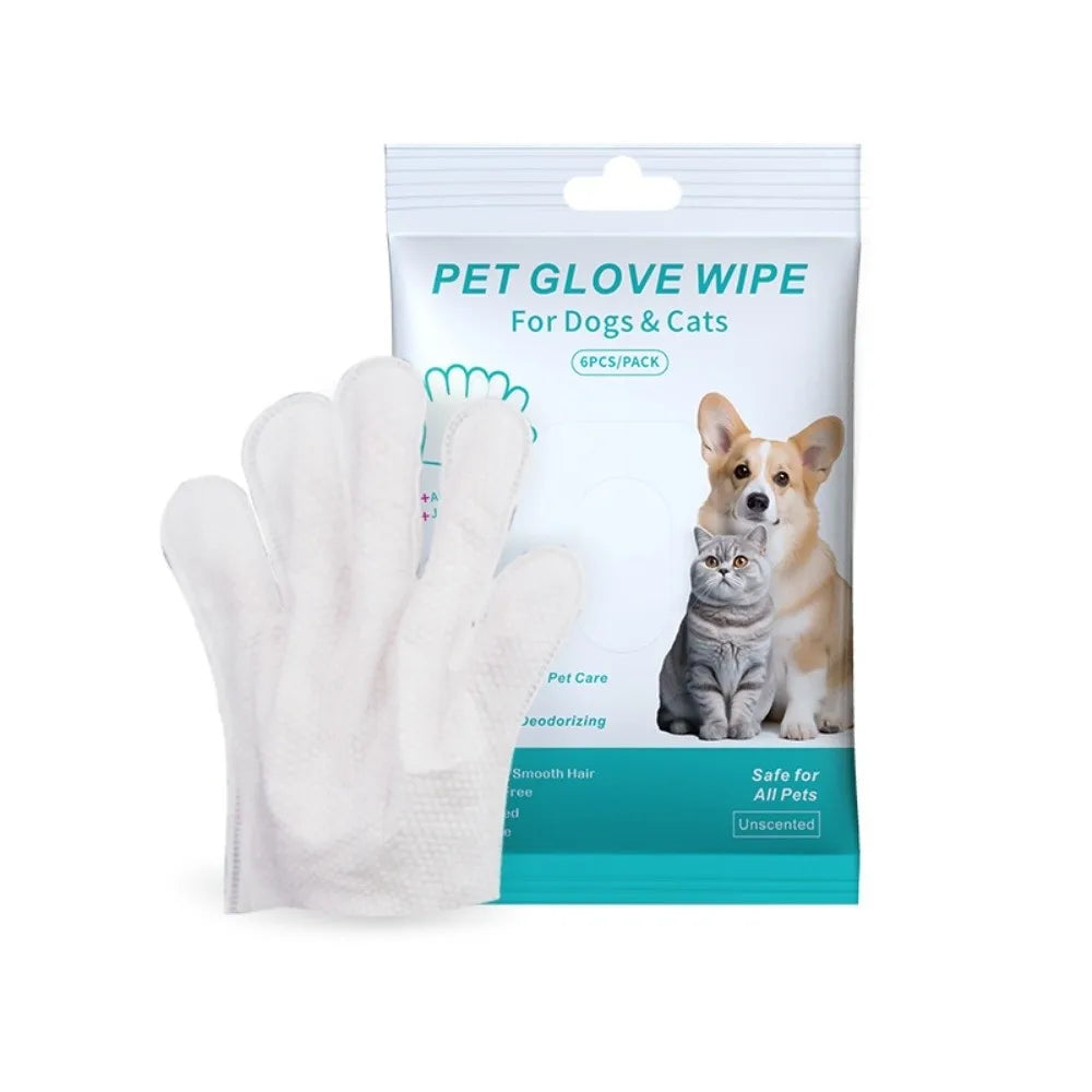 6PCS Pet Cleaning Wipes Gloves – Disposable Deodorizing Paw & Body Bath Wipes for Dogs & Cats