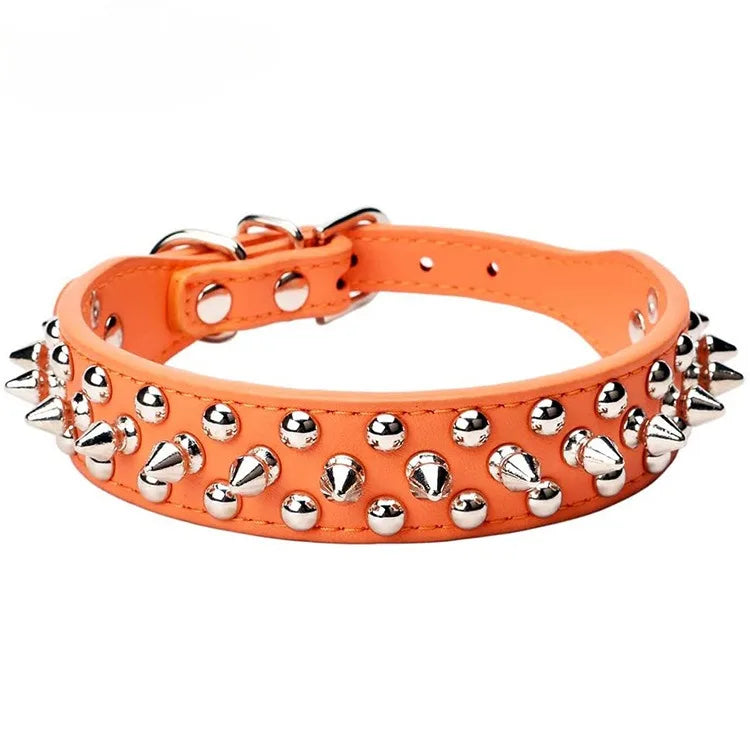 Adjustable Leather Dog Collar with Spikes & Rivet Studs – Punk Style Collar for Small Dogs and Cats