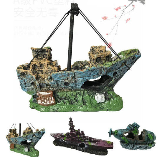 Pirate Ship Wreck Aquarium Decoration – Vintage Resin Boat Ornament for Fish Tanks & Aqua Scaping