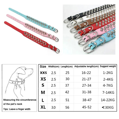 Adjustable Leather Dog Collar with Spikes & Rivet Studs – Punk Style Collar for Small Dogs and Cats