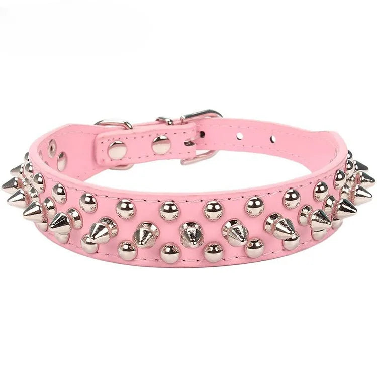 Adjustable Leather Dog Collar with Spikes & Rivet Studs – Punk Style Collar for Small Dogs and Cats