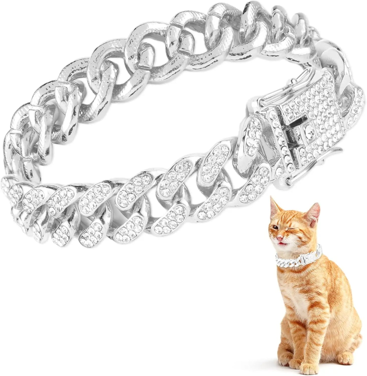 Luxury Gold And Silver Cuban Link Cat Collar Necklace – Crystal Rhinestone Pet Jewelry for Cats & Kittens