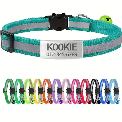 13 Colors Custom Engraved Reflective Cat Collar with Safety Buckle & Bell, Adjustable Personalized Pet Collar for Small Cats