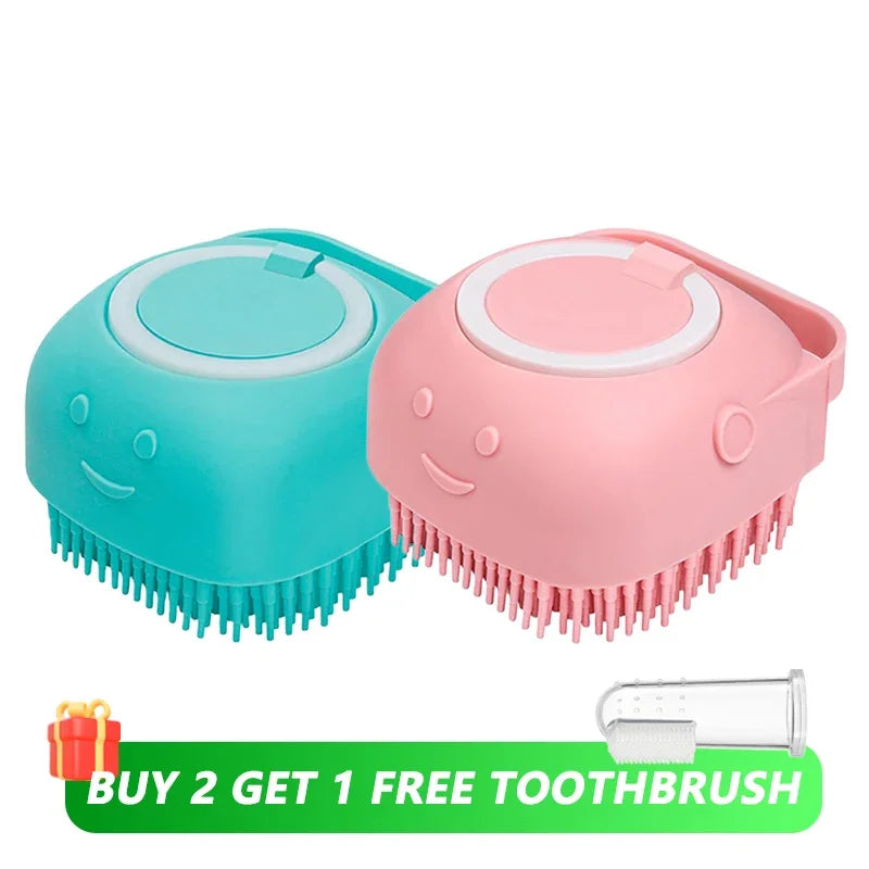Dog Bathing Brush with Shampoo Dispenser – Soft Silicone Massage Grooming Brush for Dogs & Cats