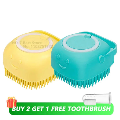 Dog Bathing Brush with Shampoo Dispenser – Soft Silicone Massage Grooming Brush for Dogs & Cats