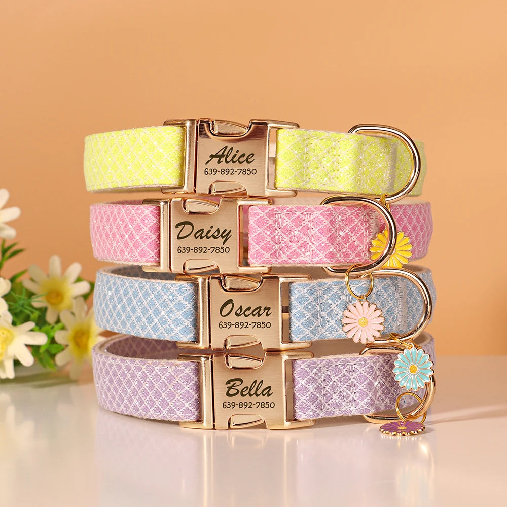 Personalized Nylon Pet Collar – Engraved ID Tag and Flower Accessory for Dogs & Cats