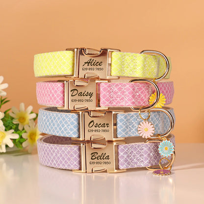Personalized Nylon Pet Collar – Engraved ID Tag and Flower Accessory for Dogs & Cats