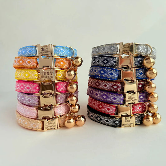 Personalized Jacquard Cat Collar with Gold Thread – Adjustable Collar for Kittens & Small Dogs