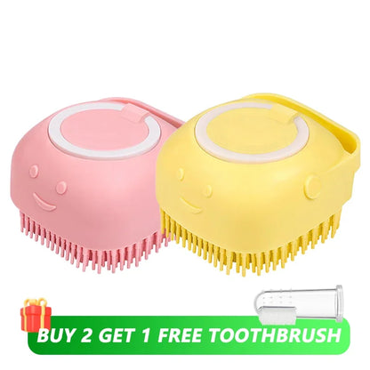 Dog Bathing Brush with Shampoo Dispenser – Soft Silicone Massage Grooming Brush for Dogs & Cats