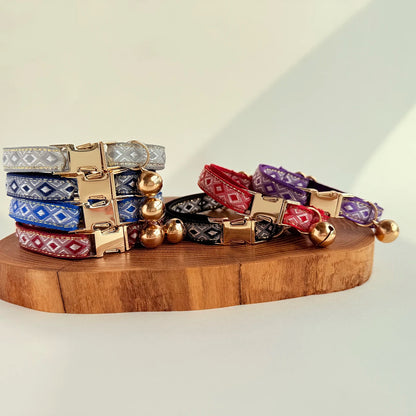 Personalized Jacquard Cat Collar with Gold Thread – Adjustable Collar for Kittens & Small Dogs