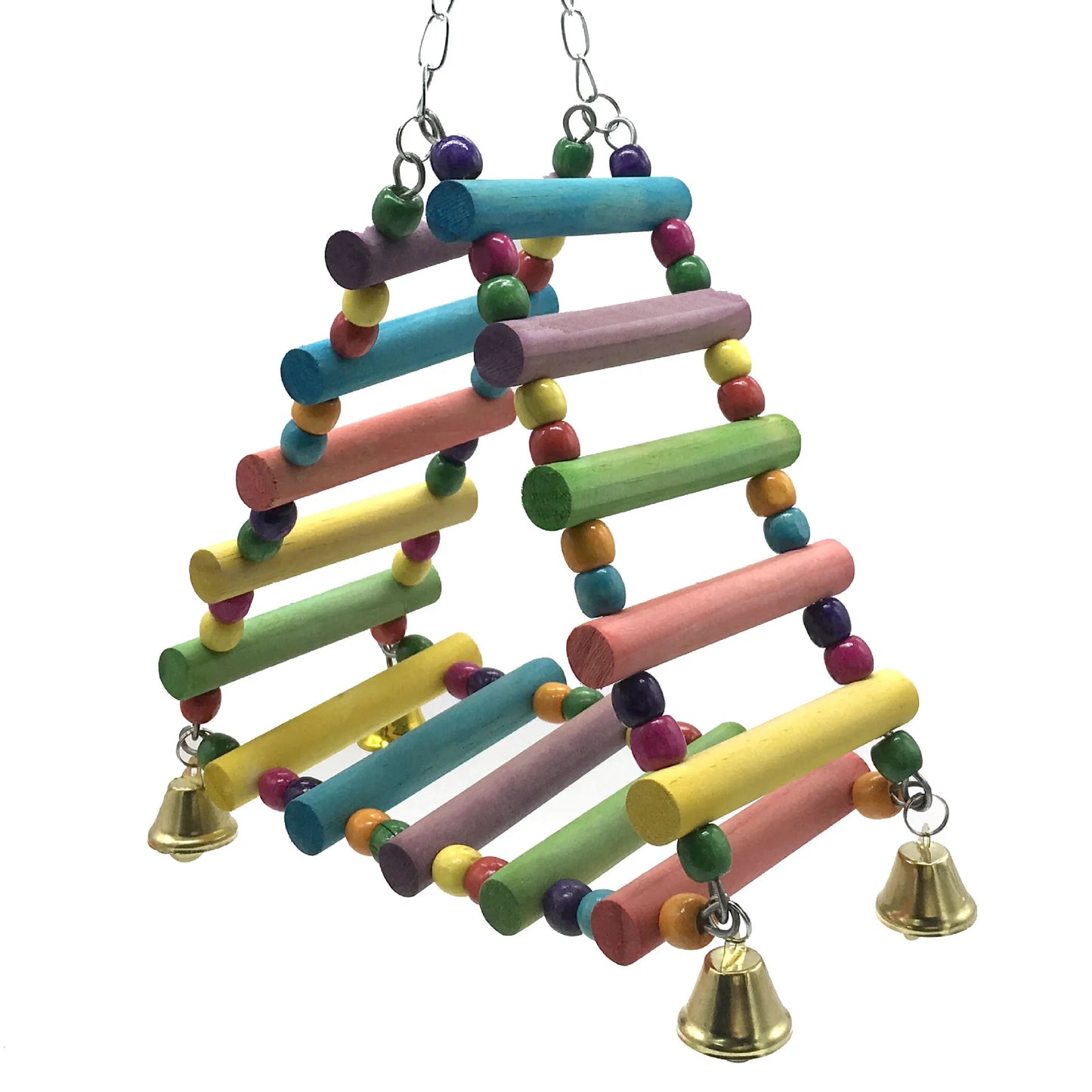 Wooden Parrot Hanging Rainbow Hammock Ladder – Climbing Training Toy with Bells for Large & Small Birds