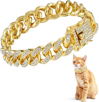 Luxury Gold And Silver Cuban Link Cat Collar Necklace – Crystal Rhinestone Pet Jewelry for Cats & Kittens