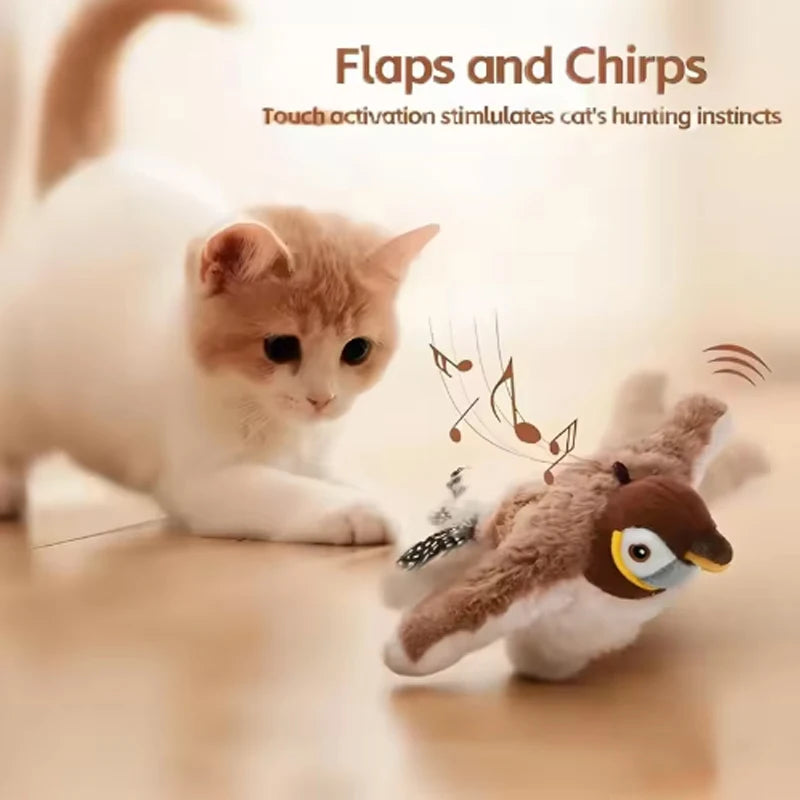 Interactive Chirping Flapping Bird Cat Toy – Rechargeable Touch-Activated Plush Pet Toy for Cats & Dogs