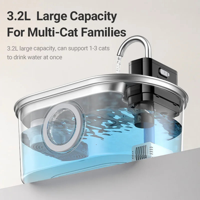 ROJECO 3.2L Stainless Steel Pet Water Fountain – Wireless Sensor Smart Automatic Pet Water Dispenser with 4000mAh Rechargeable Battery