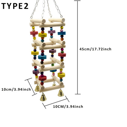 Wooden Parrot Hanging Rainbow Hammock Ladder – Climbing Training Toy with Bells for Large & Small Birds