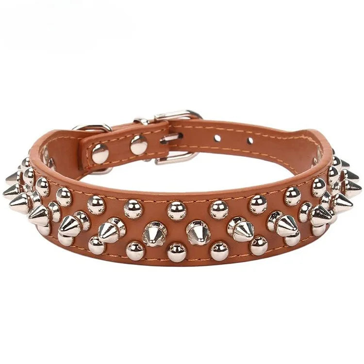 Adjustable Leather Dog Collar with Spikes & Rivet Studs – Punk Style Collar for Small Dogs and Cats