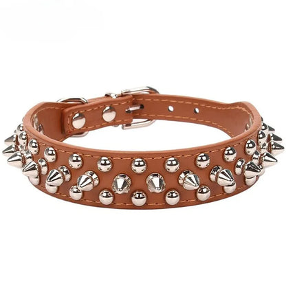 Adjustable Leather Dog Collar with Spikes & Rivet Studs – Punk Style Collar for Small Dogs and Cats