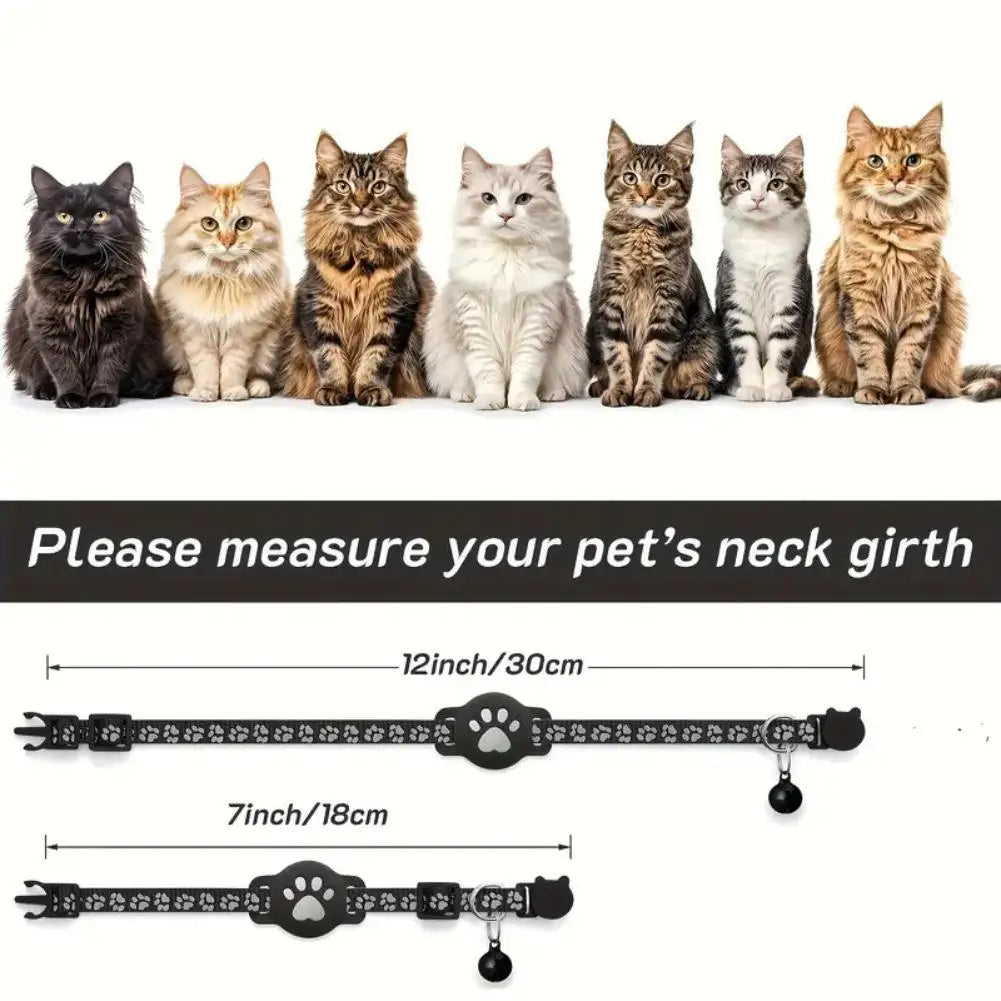 Anti-Lost Cat Collar – Adjustable Nylon AirTag Holder with Secure AirTag Slot, Removable Bell & Paw Print Design for Cats & Kittens