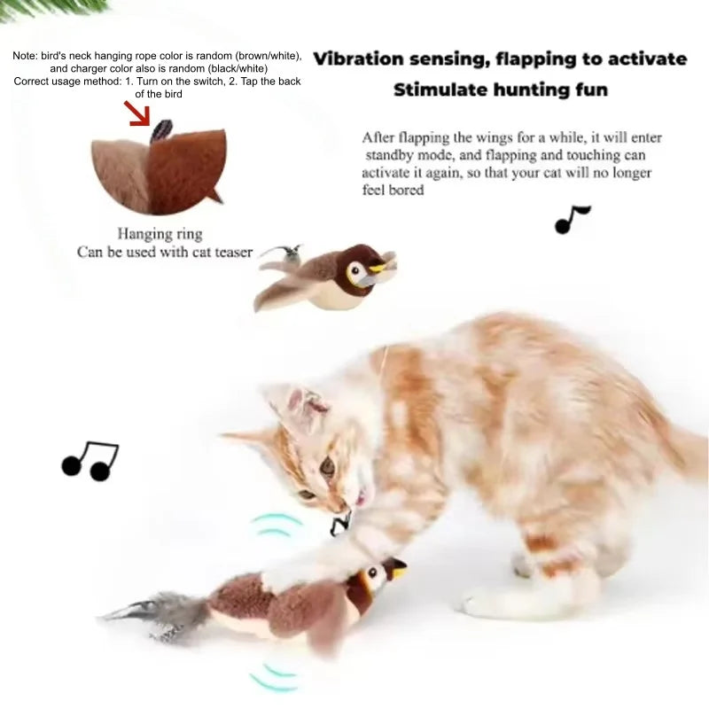 Interactive Chirping Flapping Bird Cat Toy – Rechargeable Touch-Activated Plush Pet Toy for Cats & Dogs