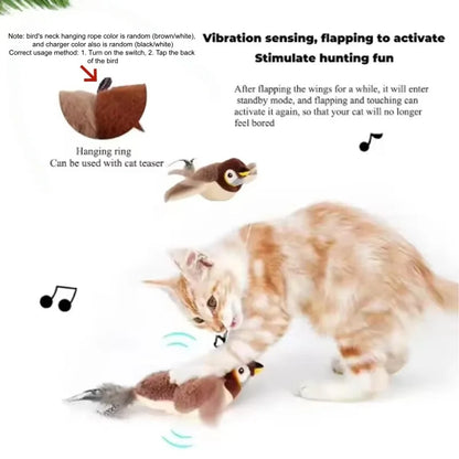 Interactive Chirping Flapping Bird Cat Toy – Rechargeable Touch-Activated Plush Pet Toy for Cats & Dogs
